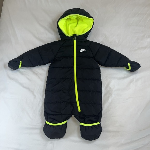 Nike Snowsuit Boys 6 Months Black Volt Fleece Lined Puffer Bunting Coat Warm - Picture 1 of 6
